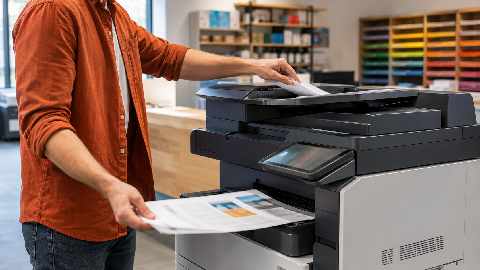 Mitarbeiter bedient professionellen Kopierer im printpoint Lüneburg