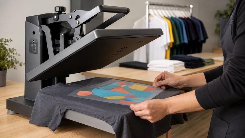 Hitzepresse bei der Arbeit – Textildruck in der printpoint Werkstatt
