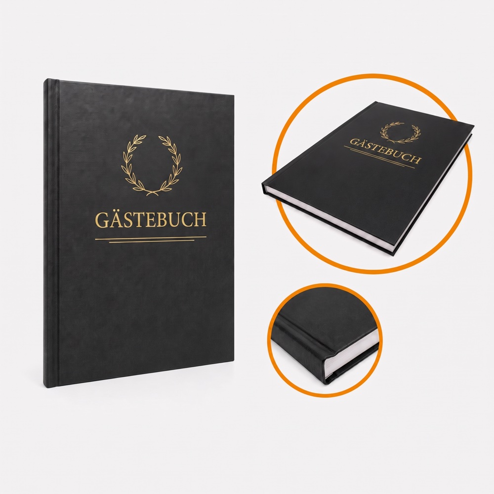 Gästebuch als Hardcover mit Goldprägung, daneben zwei Detailaufnahmen von Deckel und Buchblock