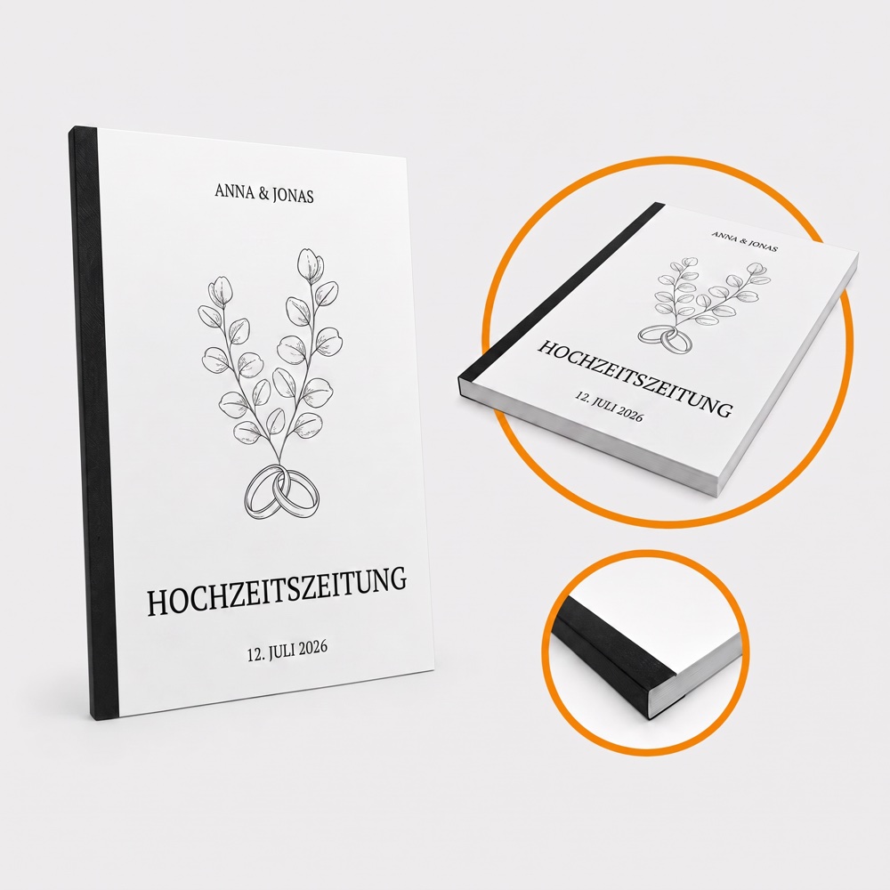 Klebegebundene Hochzeitszeitung mit schwarzem Rücken, daneben zwei Detailaufnahmen der verleimten Rückenkante