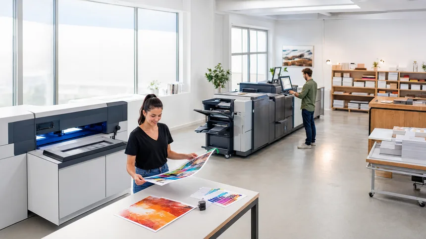 Moderne Druckerei mit Großformatdruckern und Farbproofs