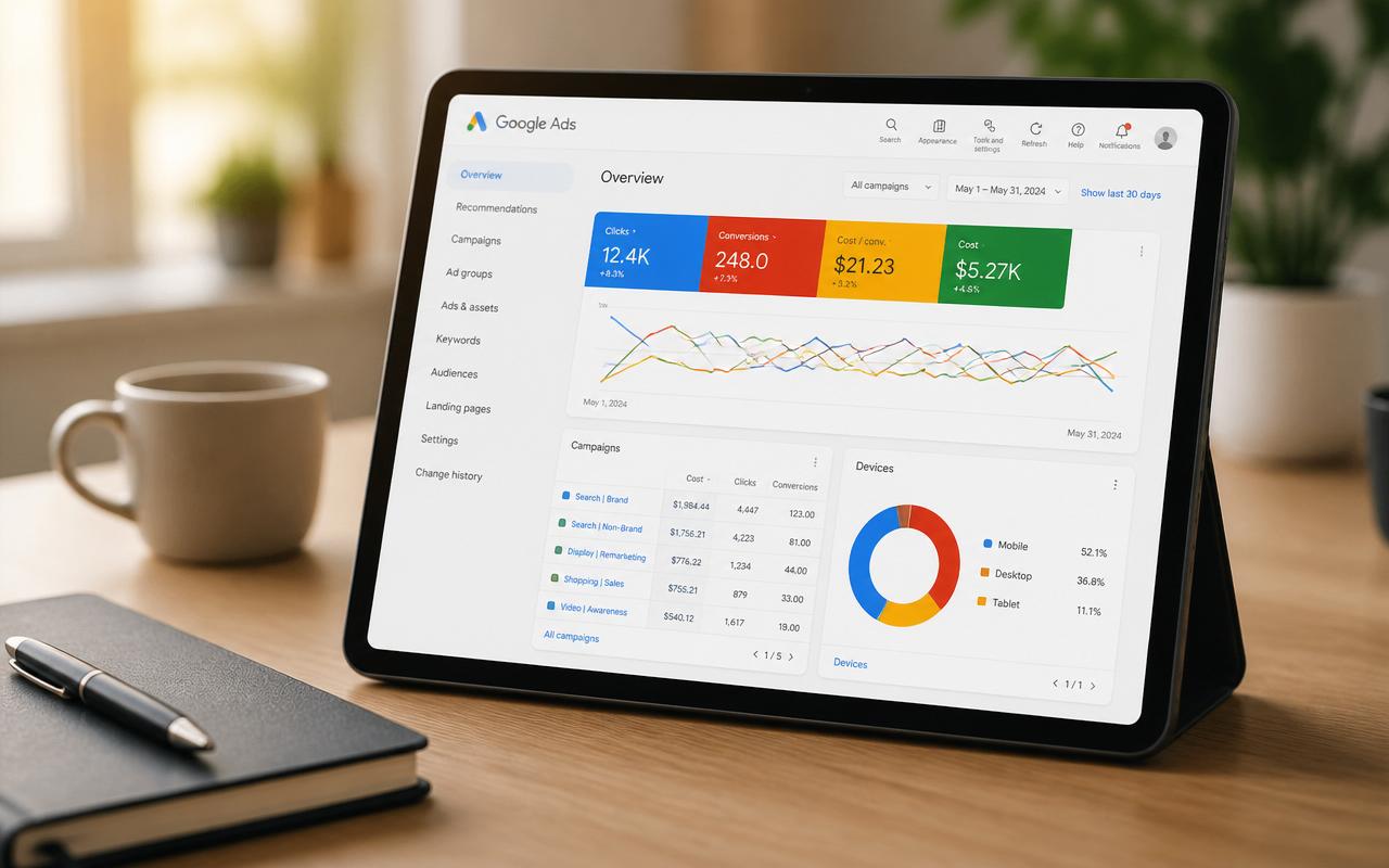 Tablet mit Google Ads Kampagnen-Dashboard