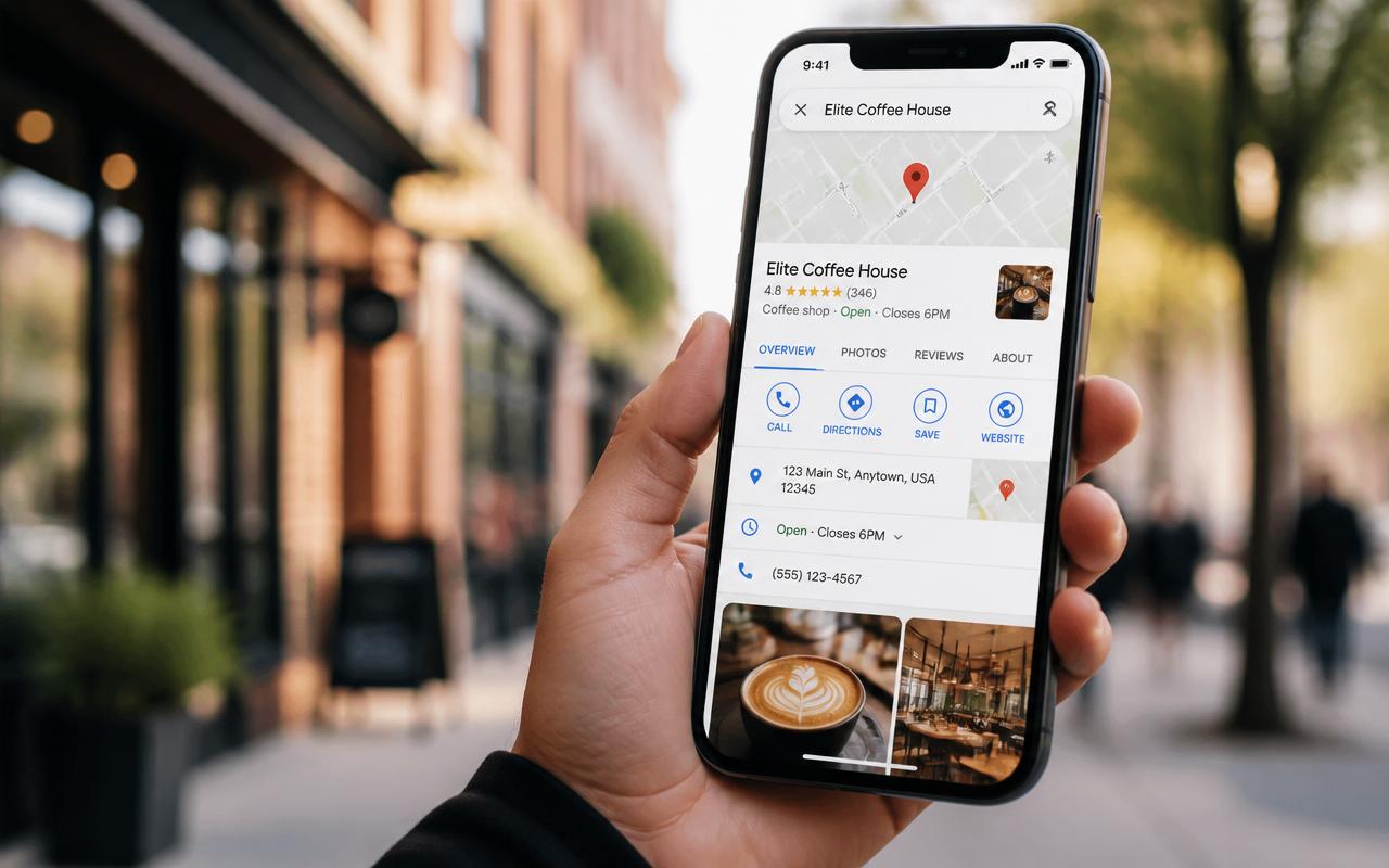 Smartphone zeigt Google My Business Eintrag in der Stadt