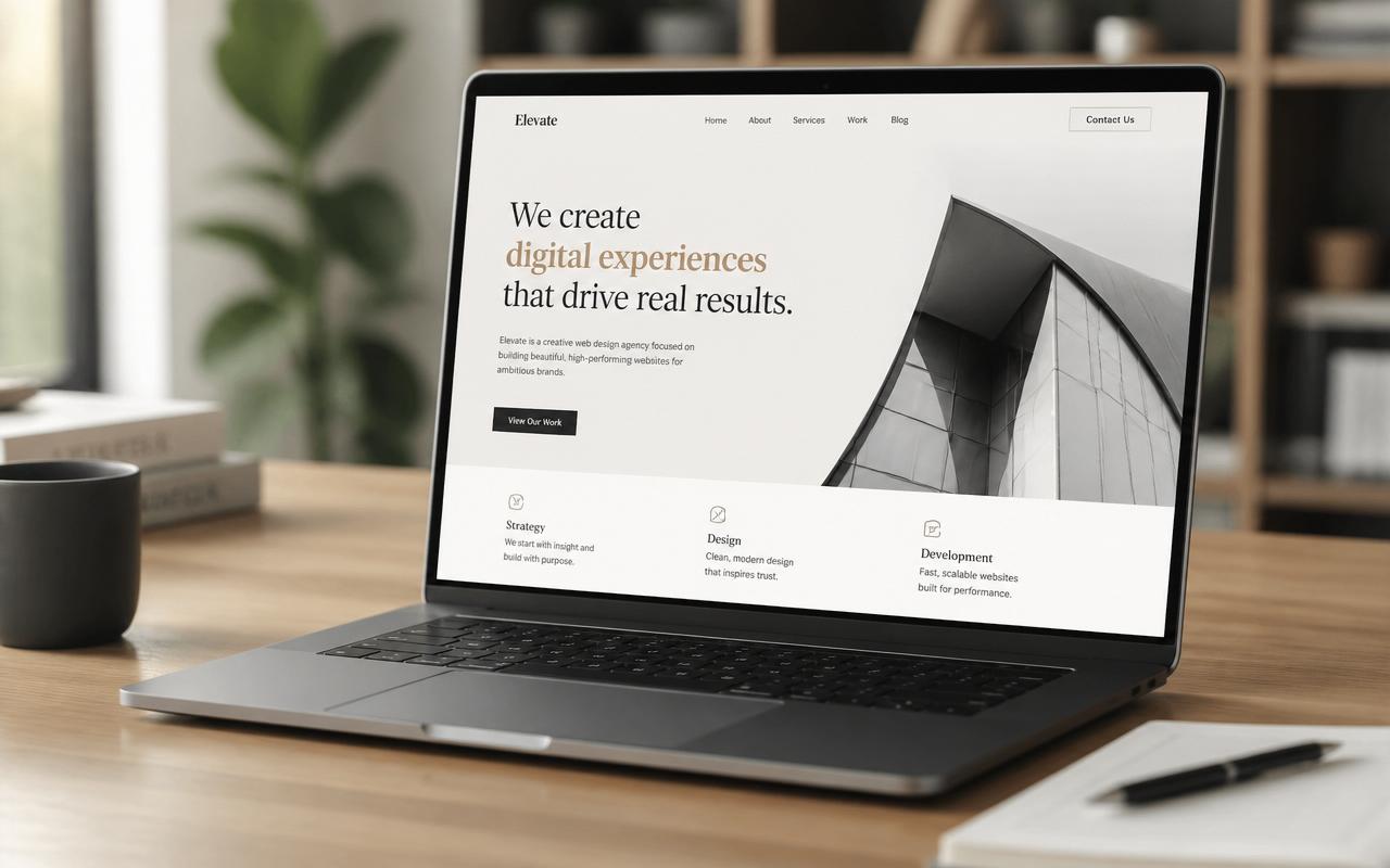 Laptop mit moderner Website auf hellem Holzschreibtisch